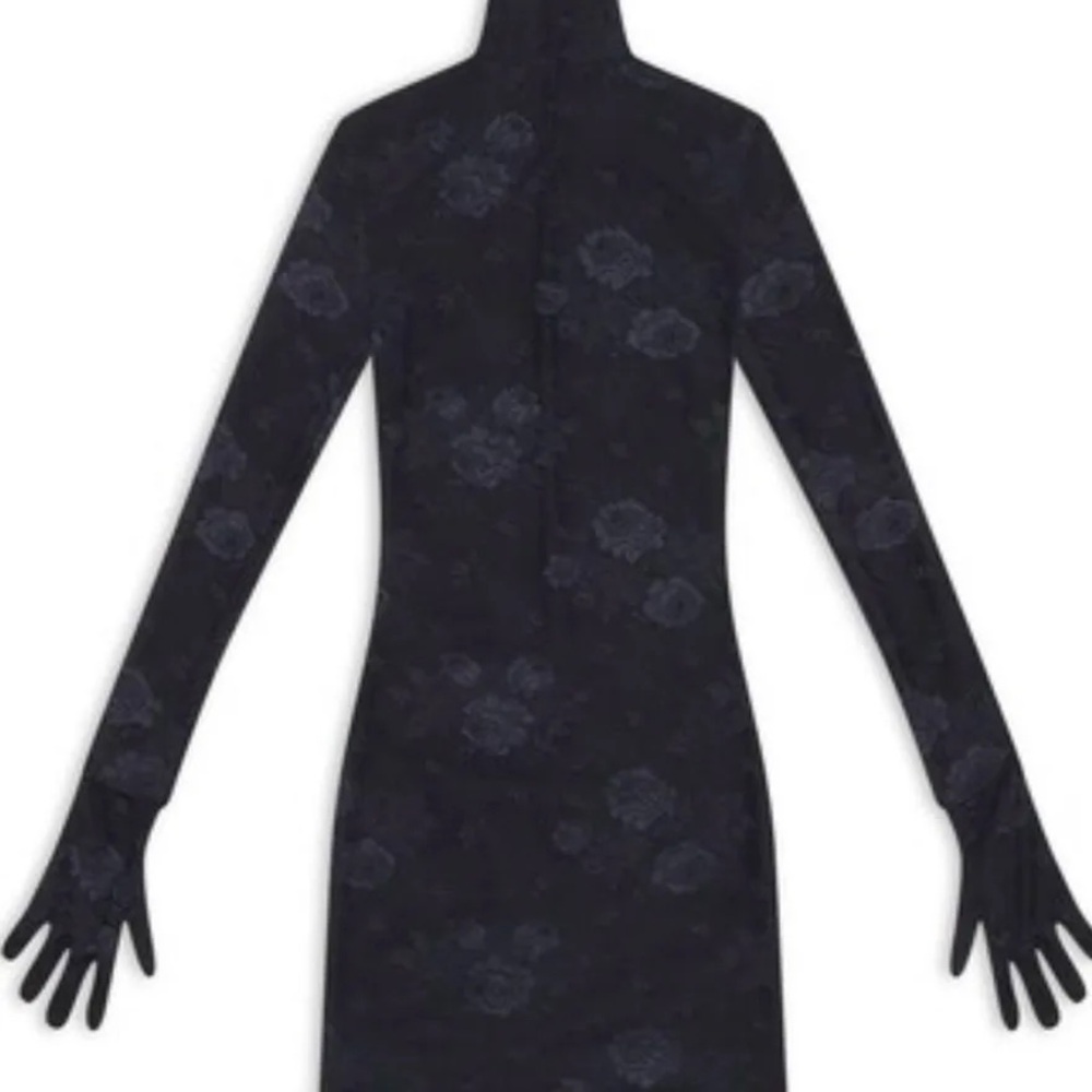 Demna Balenciaga Black Floral Turtleneck Long-Sleeve Dress with Gloves